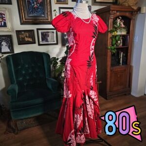 Vintage 80s Specialty Fashioned by Gloria Jarvis Hawaiian Red Floral Maxi Dress
